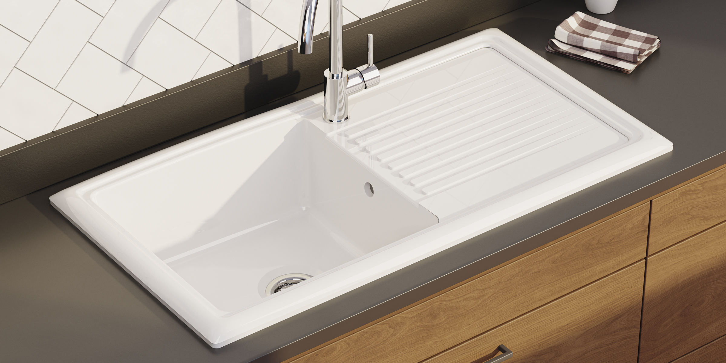 Évier céramique blanc brillant Vitra ARKITEKT 1 très grand bac 1 égouttoir, élégant et pratique pour cuisine spacieuse