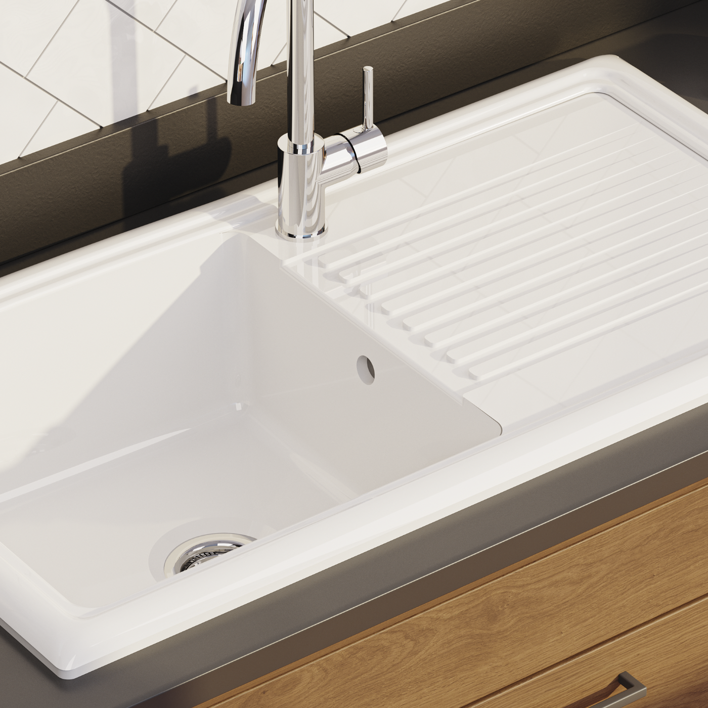 Évier céramique blanc brillant VitrA ARKITEKT 1 très grand bac 1 égouttoir