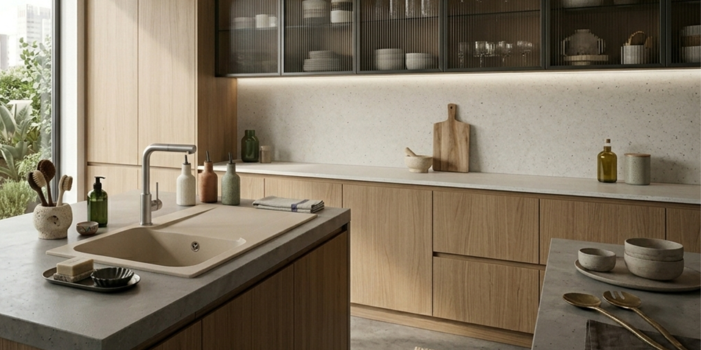Évier résine beige moucheté Ewi ZIGGY 1 bac 1 égouttoir, un design compact et une texture naturelle pour petite cuisine.