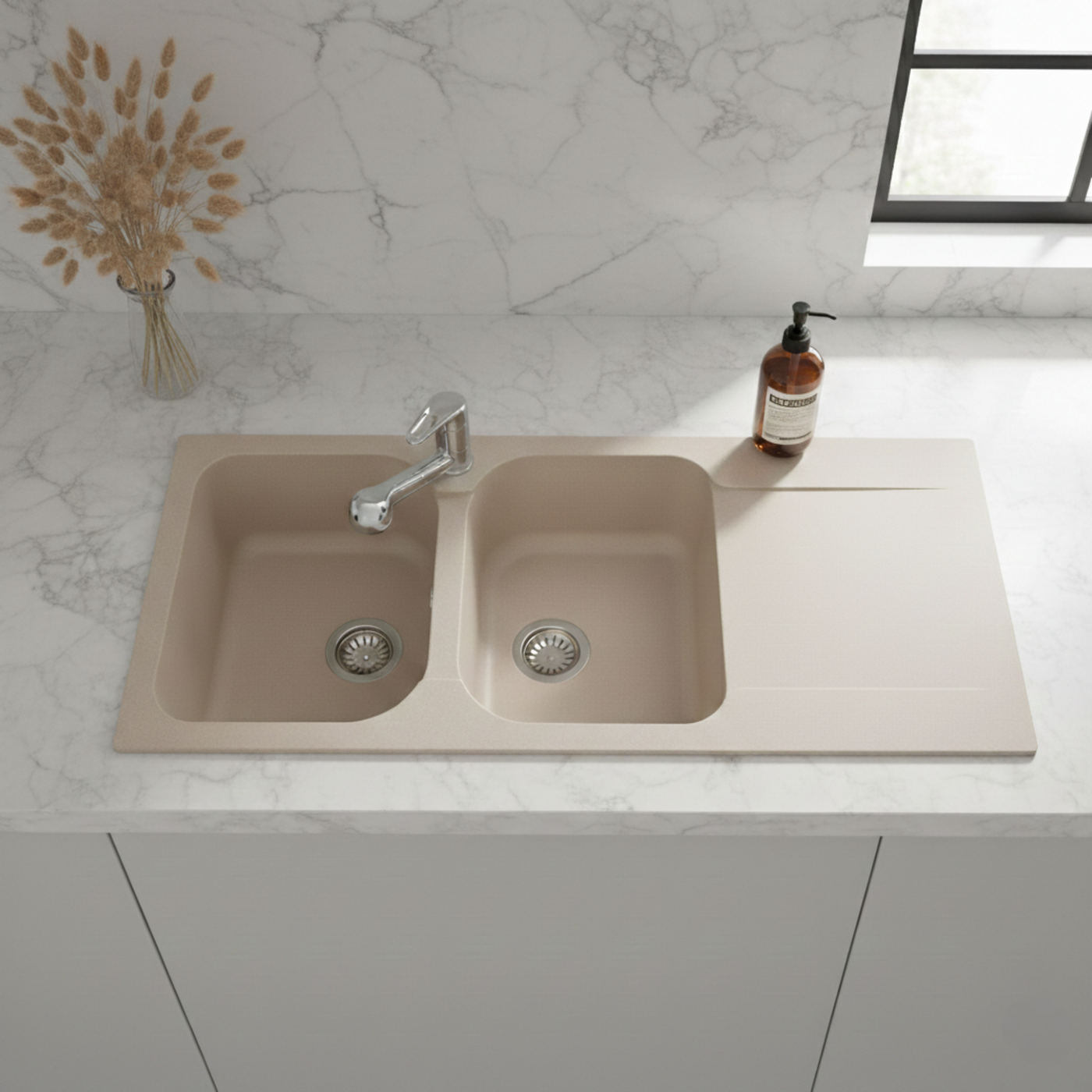 Évier résine beige moucheté Ewi ZIGGY 2 bacs 1 égouttoir