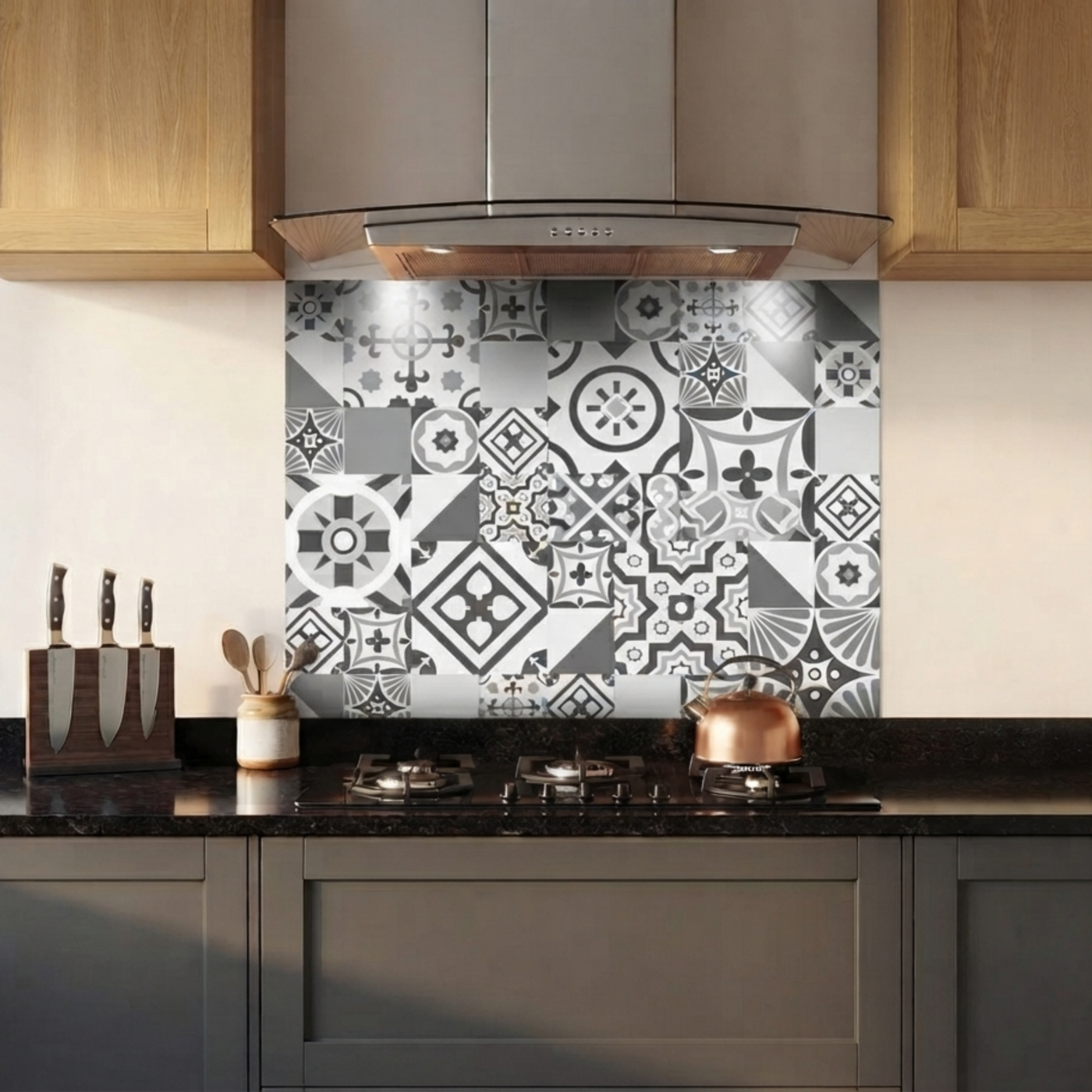 Crédence cuisine fond de hotte aluminium carreaux de ciment Pippa - Gris l 90 x H 70 cm