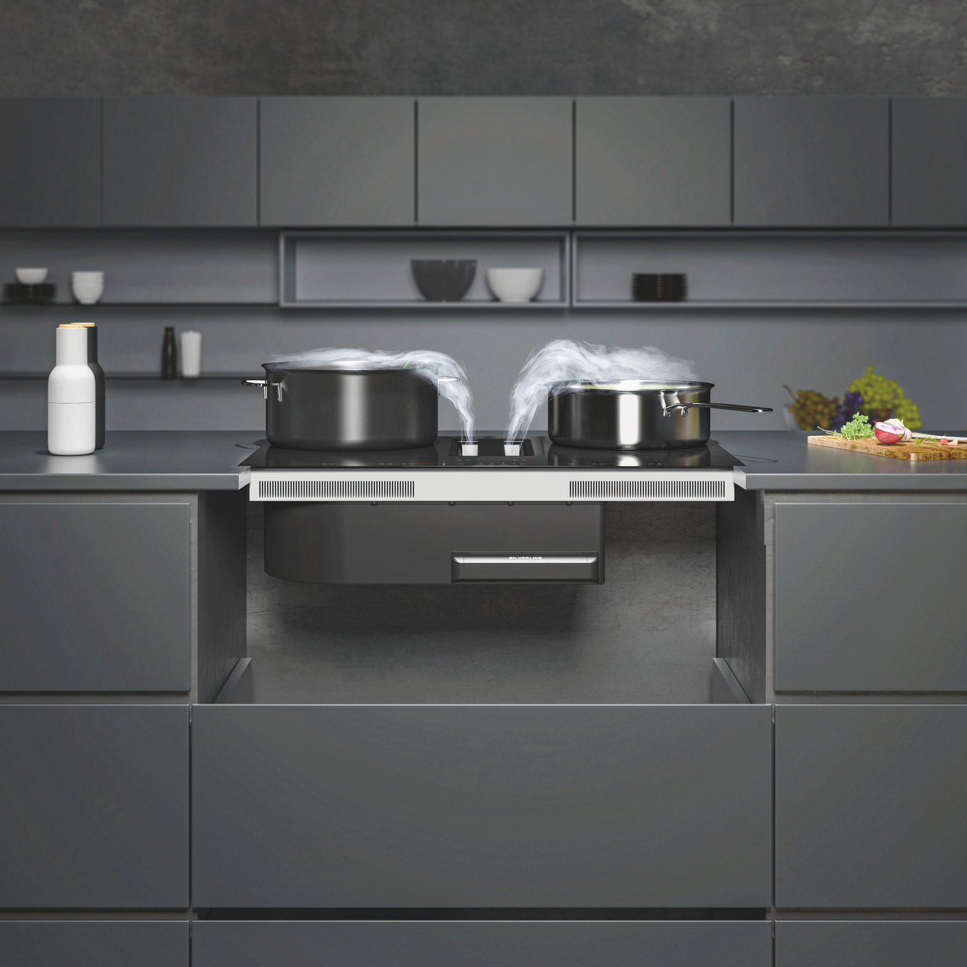Plaque induction avec hotte intégrée Silverline FLOW MAX PRO 78cm noir et inox - évacuation arrière