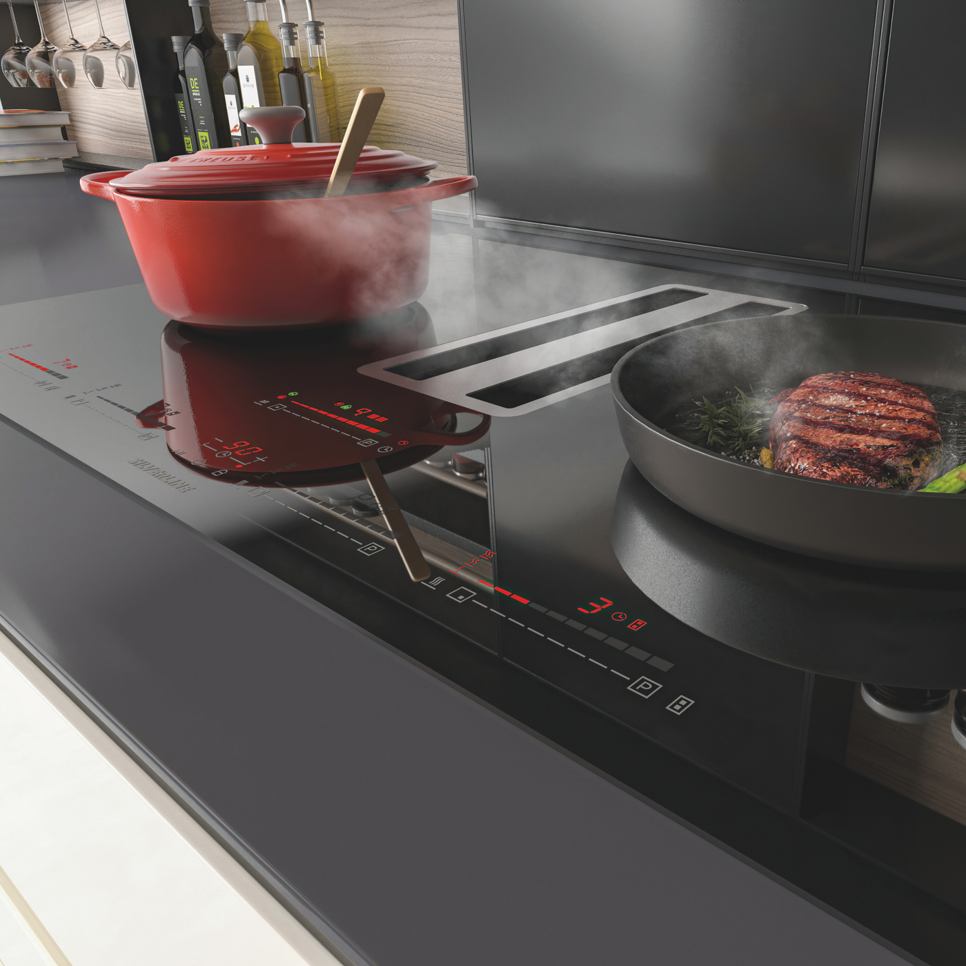 Plaque induction avec hotte intégrée Silverline FLOW MAX PRO 78cm noir et inox - évacuation arrière
