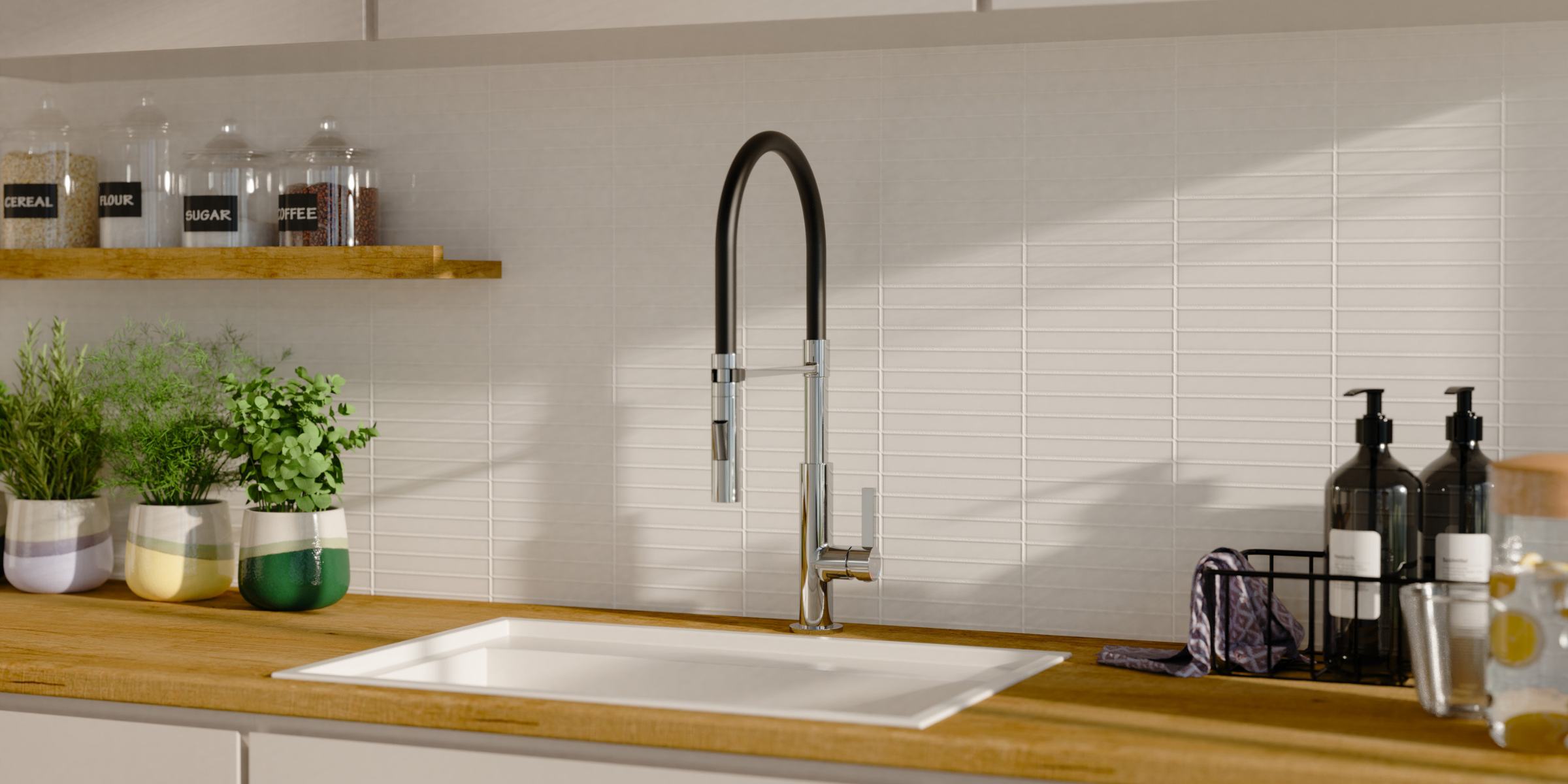 Robinet Douchette chromé K4 dans une cuisine aménagée