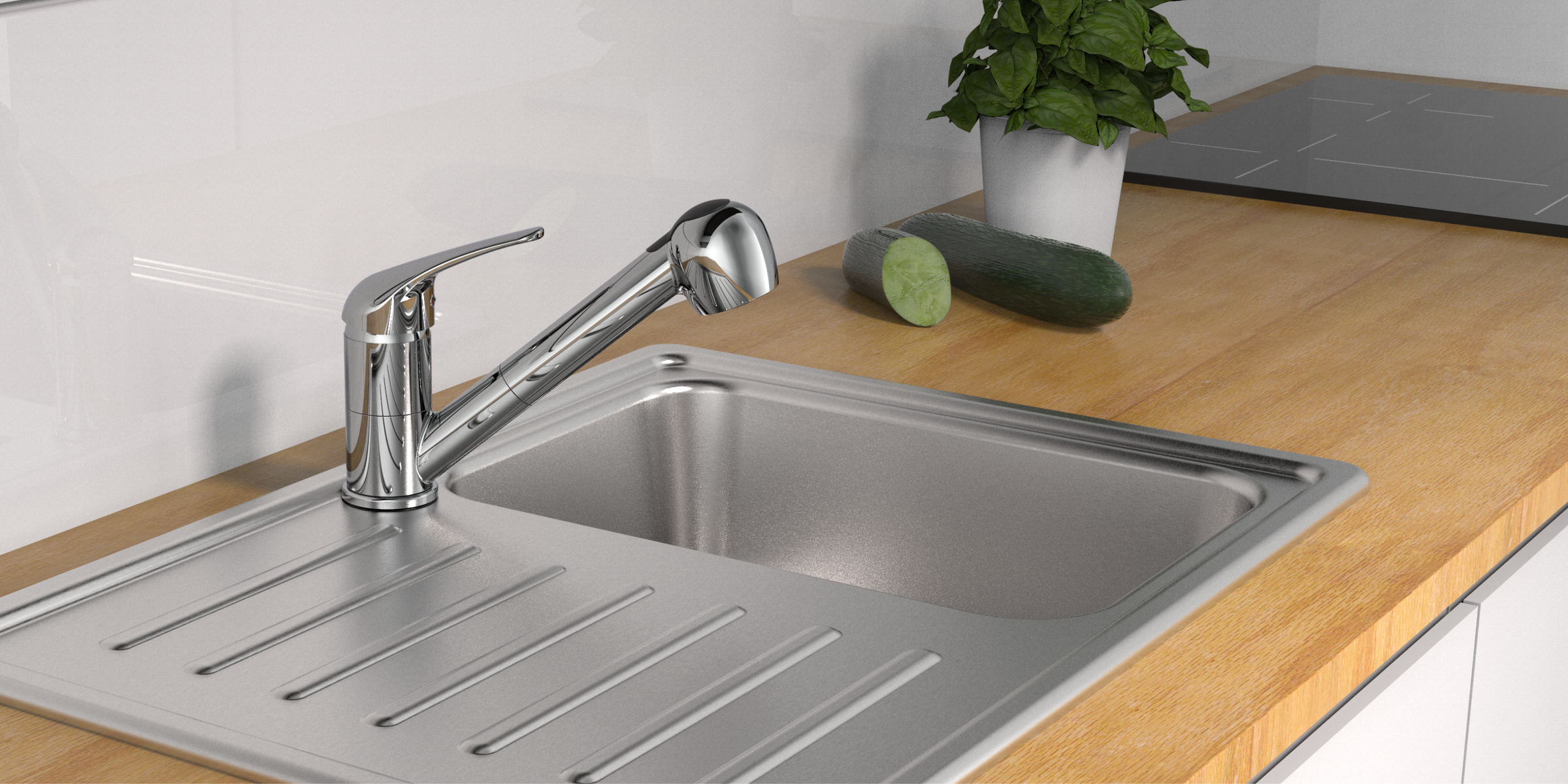 Robinet douchette Schütte SUPRA bec droit chromé, avec douchette extractible et mousseur économique pour un confort optimal.