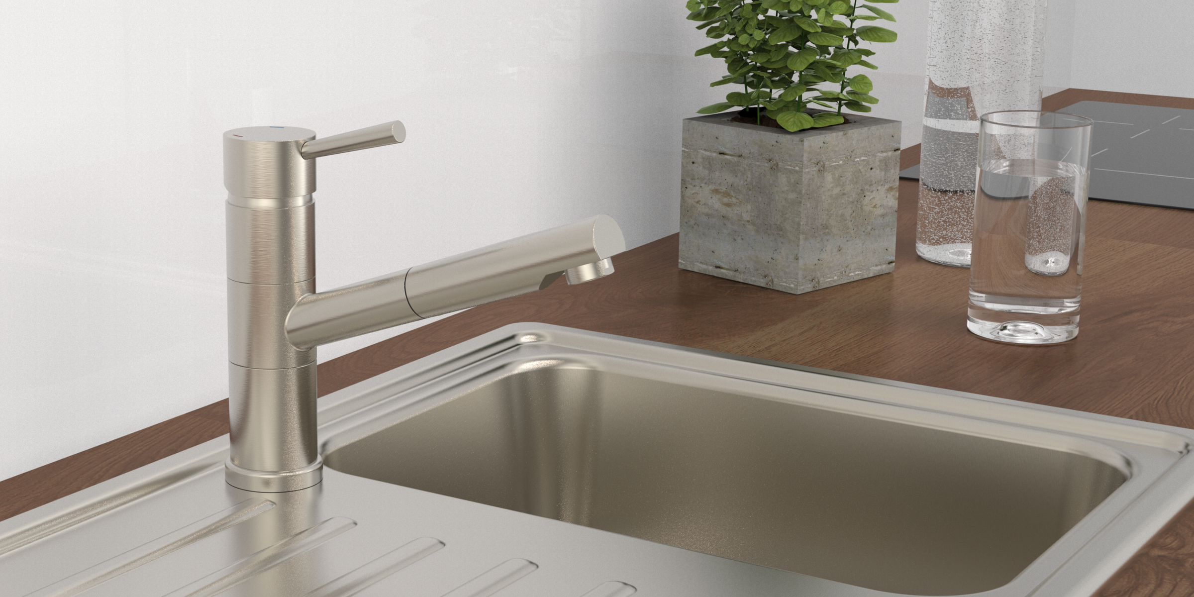 Robinet douchette Schütte UNICORN bec droit inox brossé, flexible extractible et jet puissant pour une cuisine industrielle.