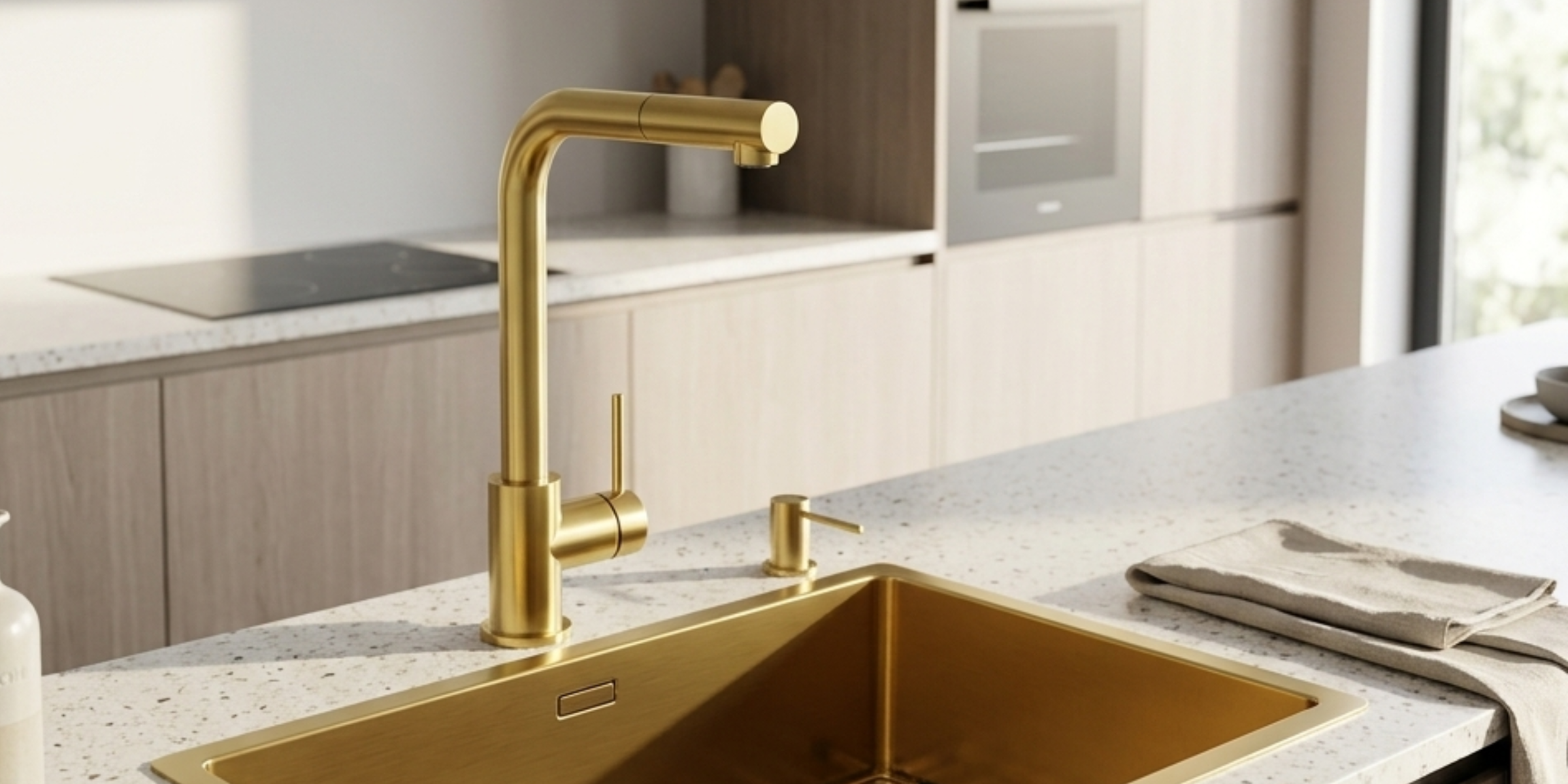 Robinet douchette inox doré MAYA, mitigeur moderne éclatant apportant une touche de luxe durable sur un plan de travail.