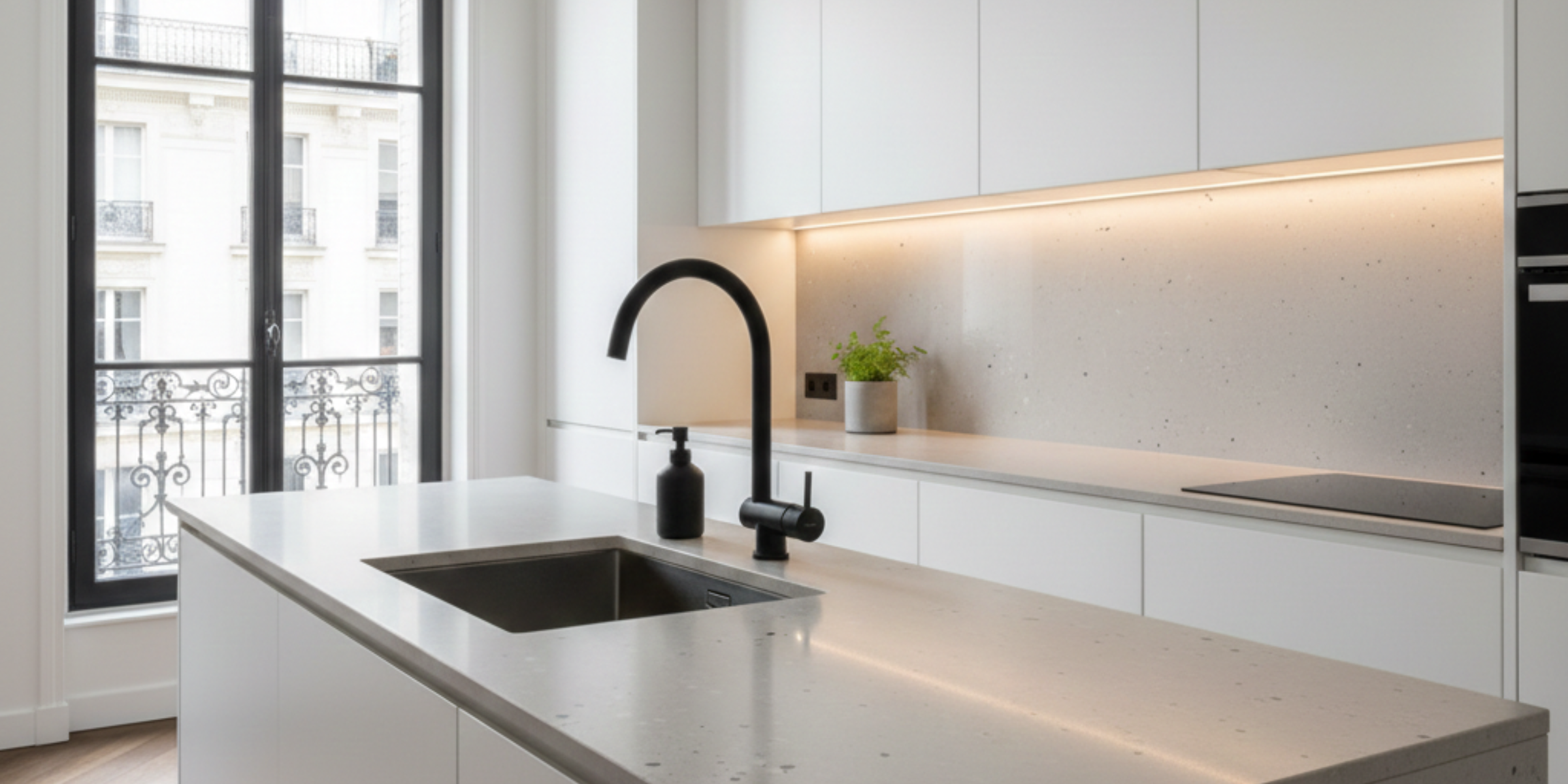 Robinet rabattable Luisina Inox PVD noir mat ACHILLE, solution idéale sous fenêtre alliant design sombre et praticité.