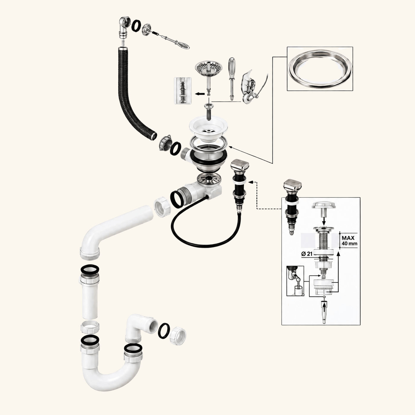 Vidage automatique gain de place 1 bac CUIPD013 pour évier granit - Siphon gain de place