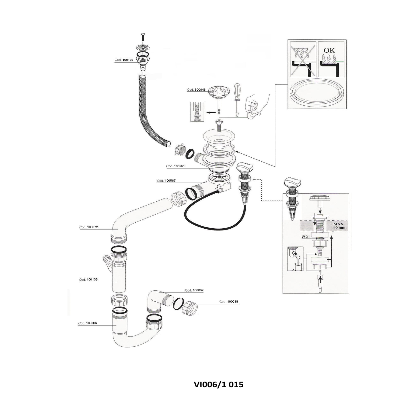 Vidage automatique 1 bac CUIPD076 pour évier granit - Siphon gain de place