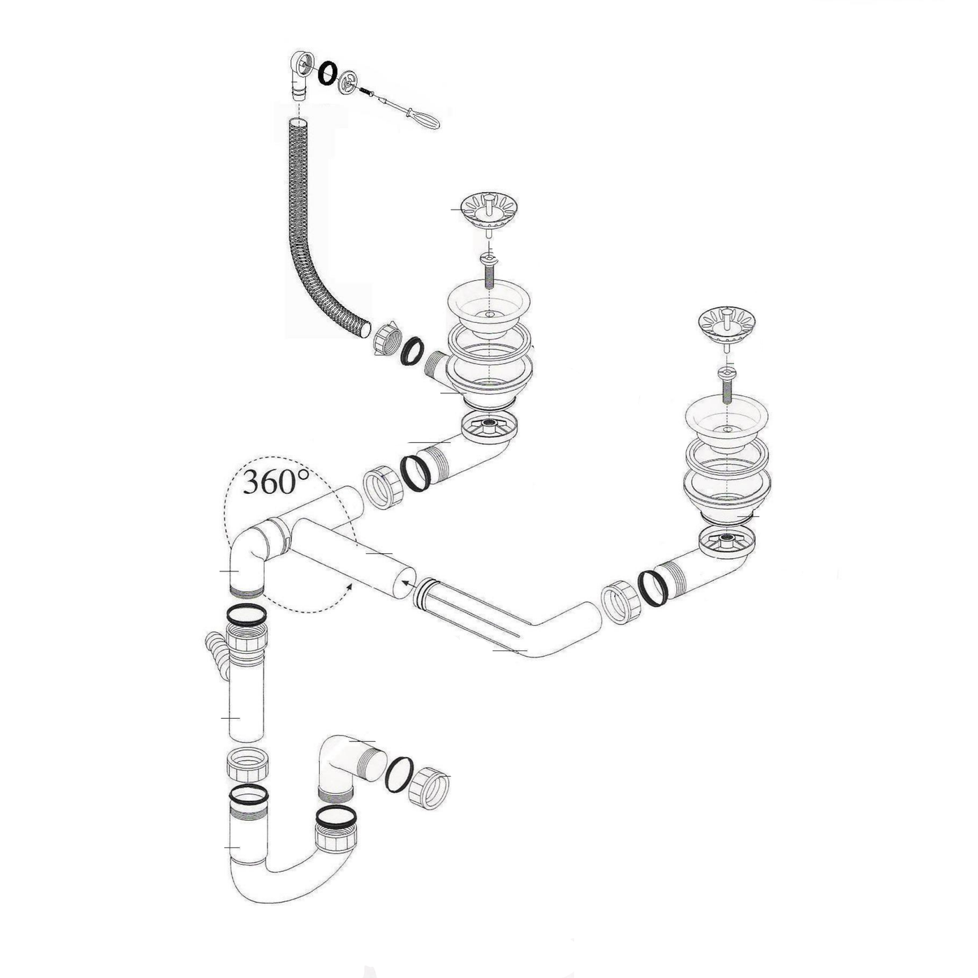 Vidage manuel 2 bacs CUIPD183 pour évier granit 2 bacs - Siphon gain de place