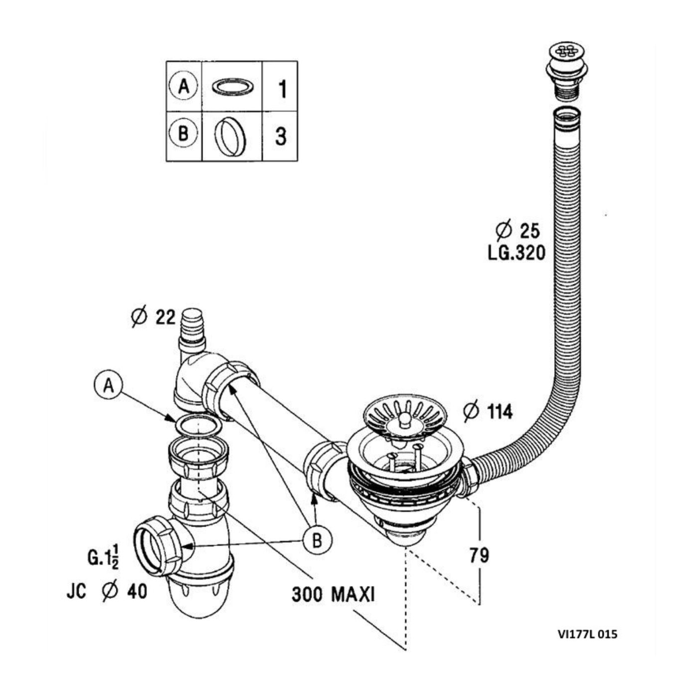 Vidage manuel chromé CUIPD237 pour évier granit 1 bac - Siphon gain de place