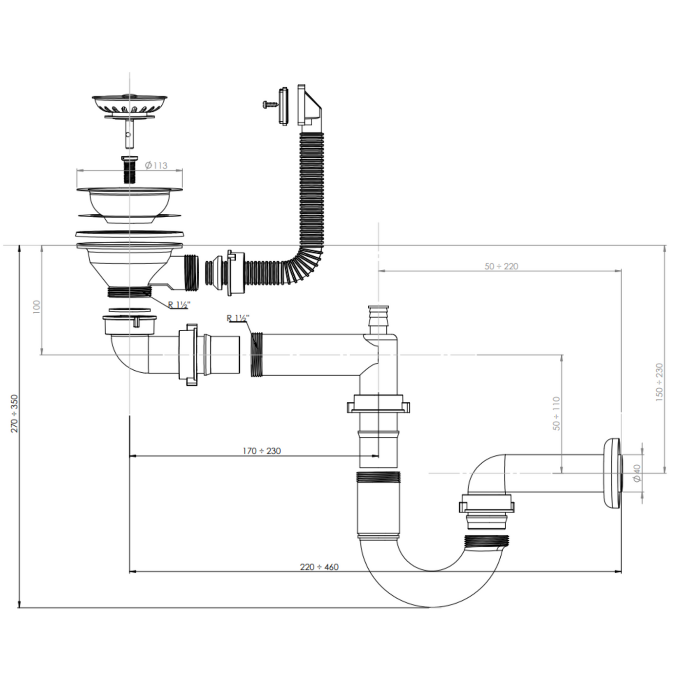 Vidage 1 bac CUIPD661-A pour évier inox NINO 1 bac 100 cm