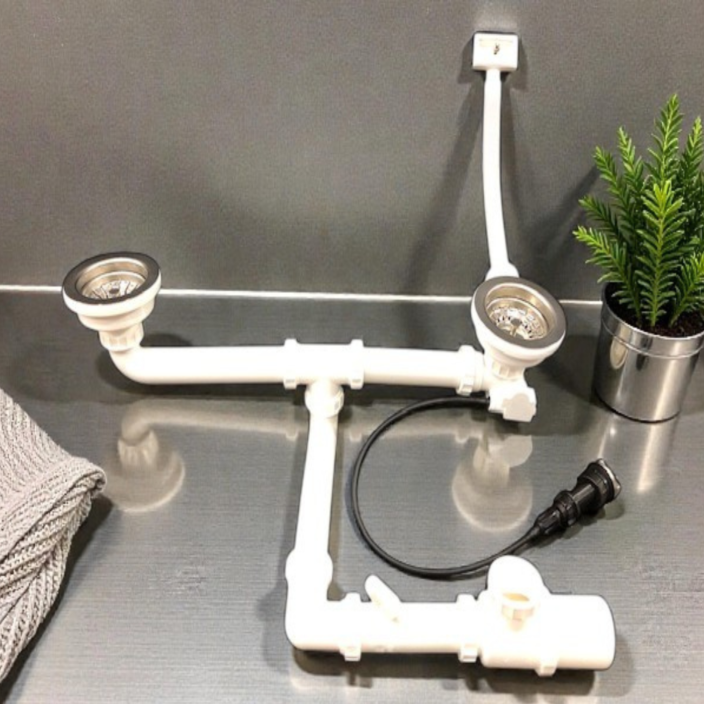 Vidage automatique CUIPD671-D pour évier 2 bacs inox - Siphon gain de place