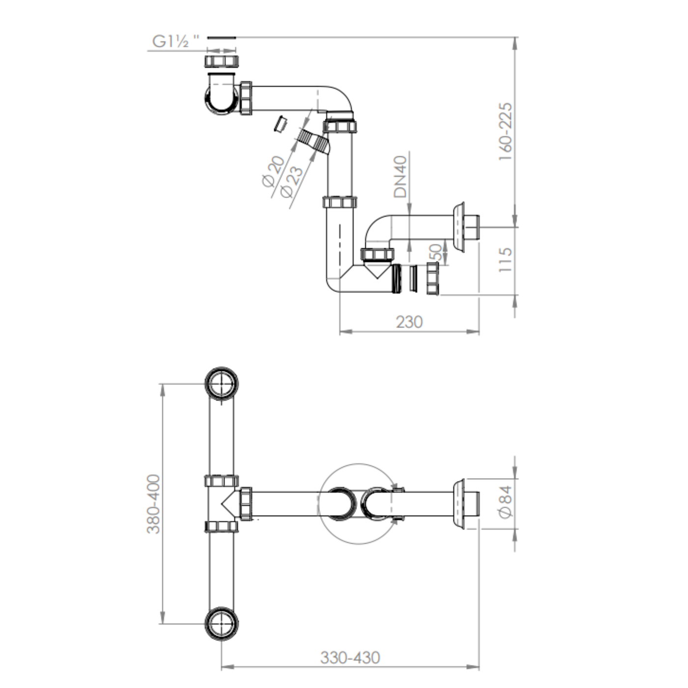 Siphon gain de place pour évier cuisine 2 bacs