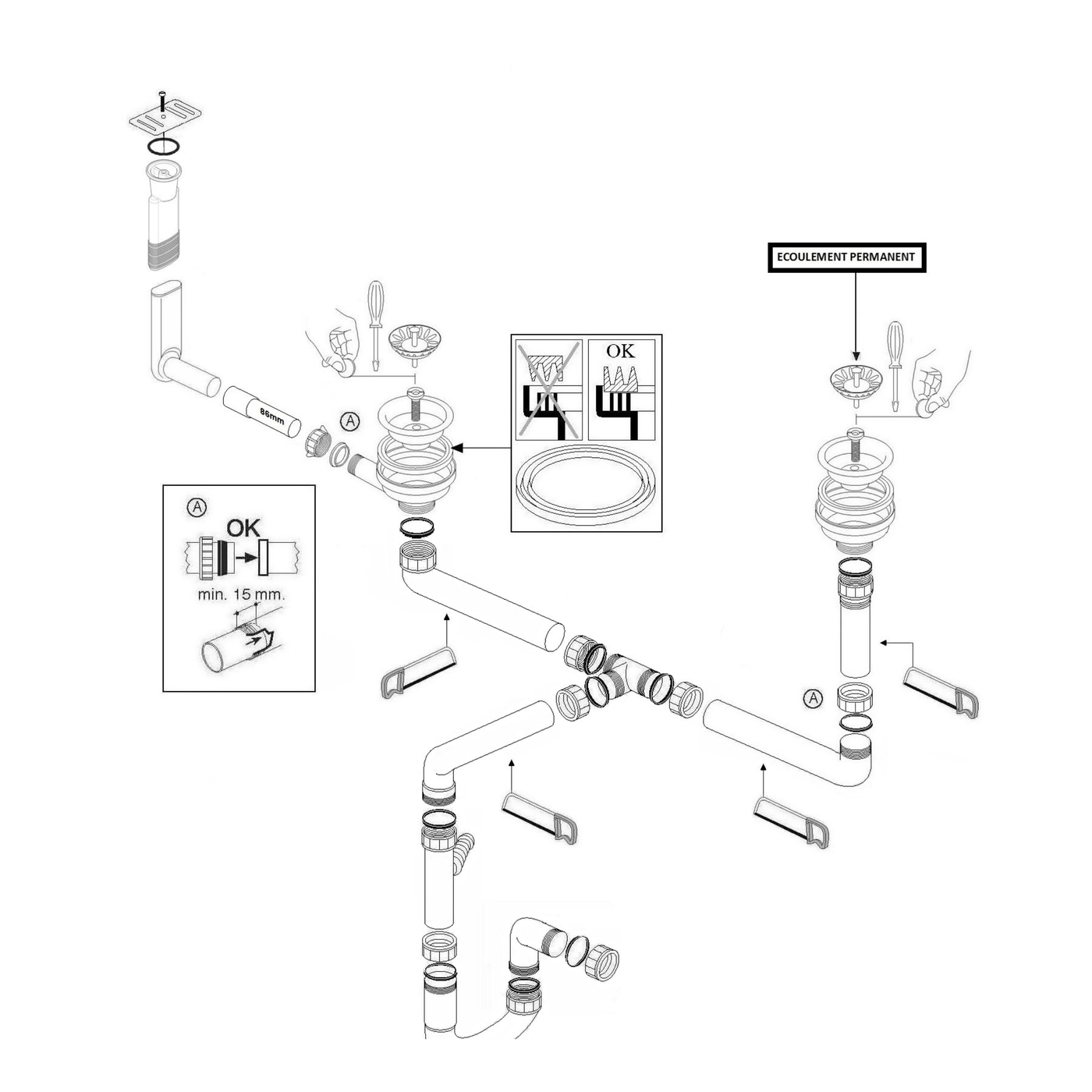 Vidage manuel 1 bac et demi CUIPD701-D évier résine et granit - Siphon gain de place