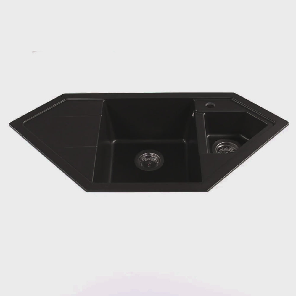 Évier d'angle granit noir LOKTI 1 bac et demi - 1 égouttoir